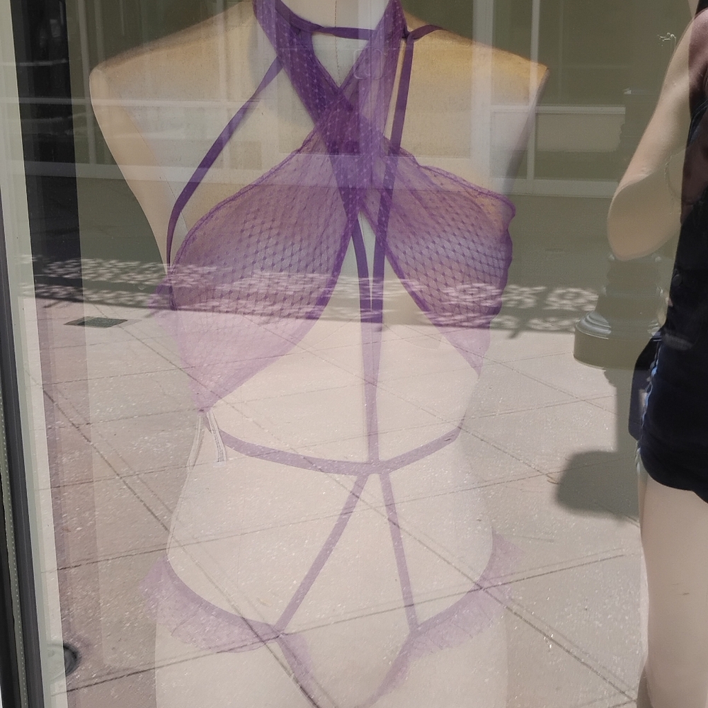 Bow Mesh Open-Cup Crotchless Playsuit Dark Purple Lilac